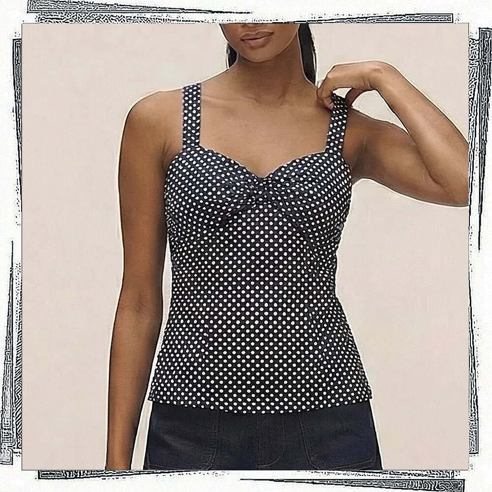 NWOT: Retro Blue & Creamy White Polka Dot Top w/ Fabric Knot at Front (S) - Picture 3 of 9